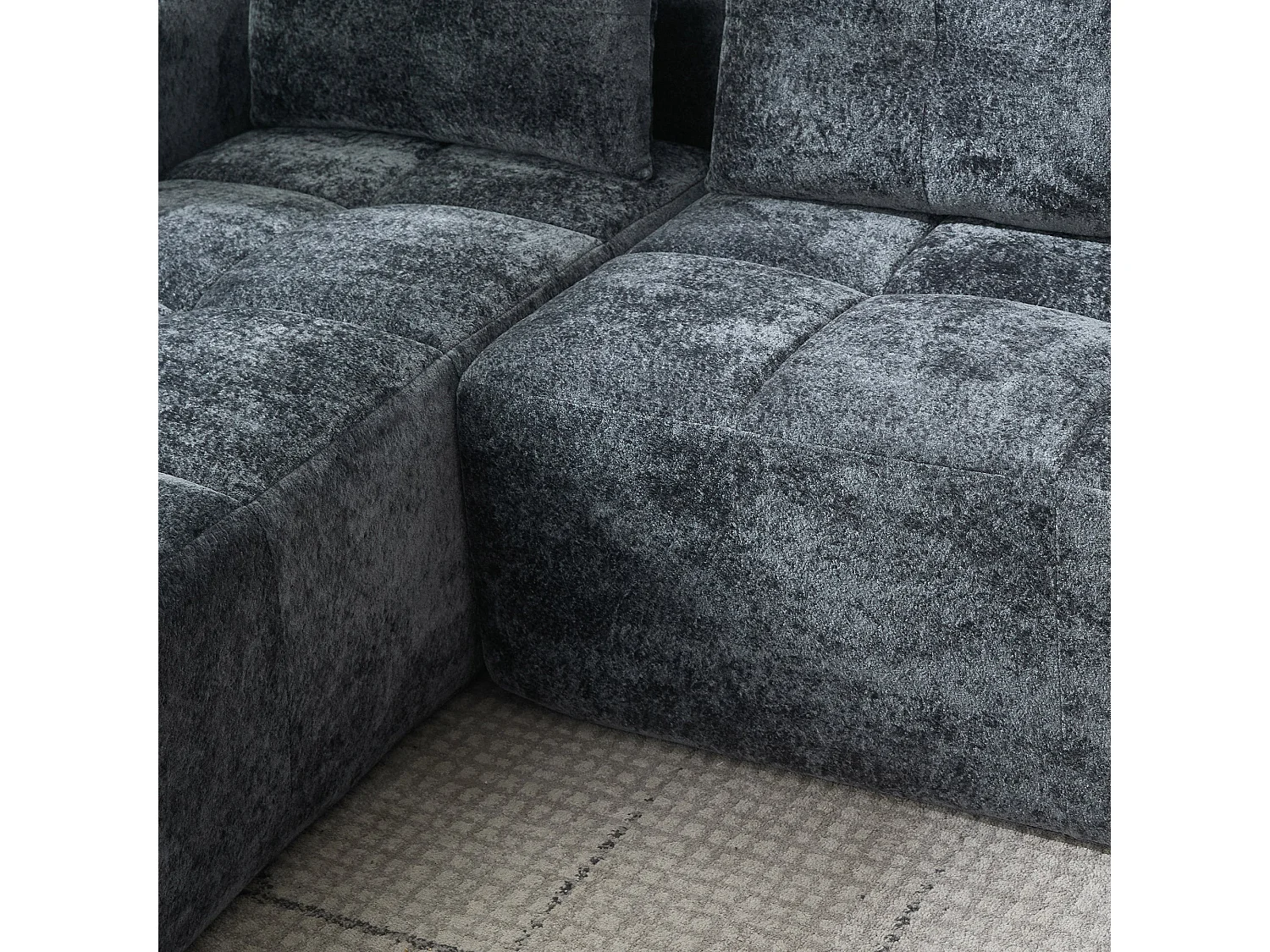 Canapé d'angle 3 places en chenille gris anthracite avec meridienne et portes-gobelets 258 cm