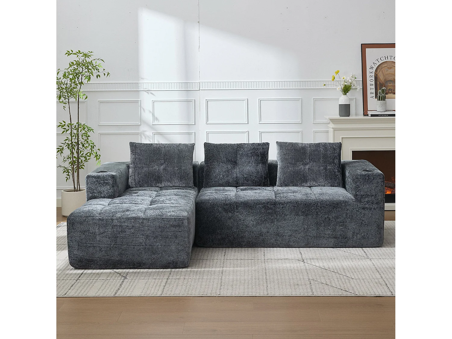 Canapé d'angle 3 places en chenille gris anthracite avec meridienne et portes-gobelets 258 cm