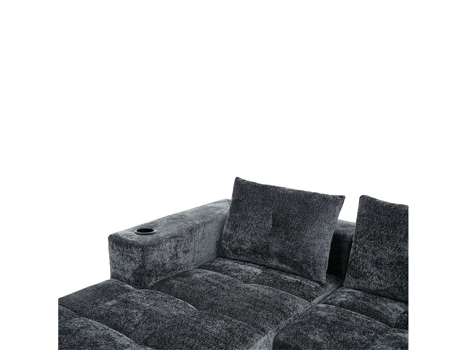 Canapé d'angle 3 places en chenille gris anthracite avec meridienne et portes-gobelets 258 cm