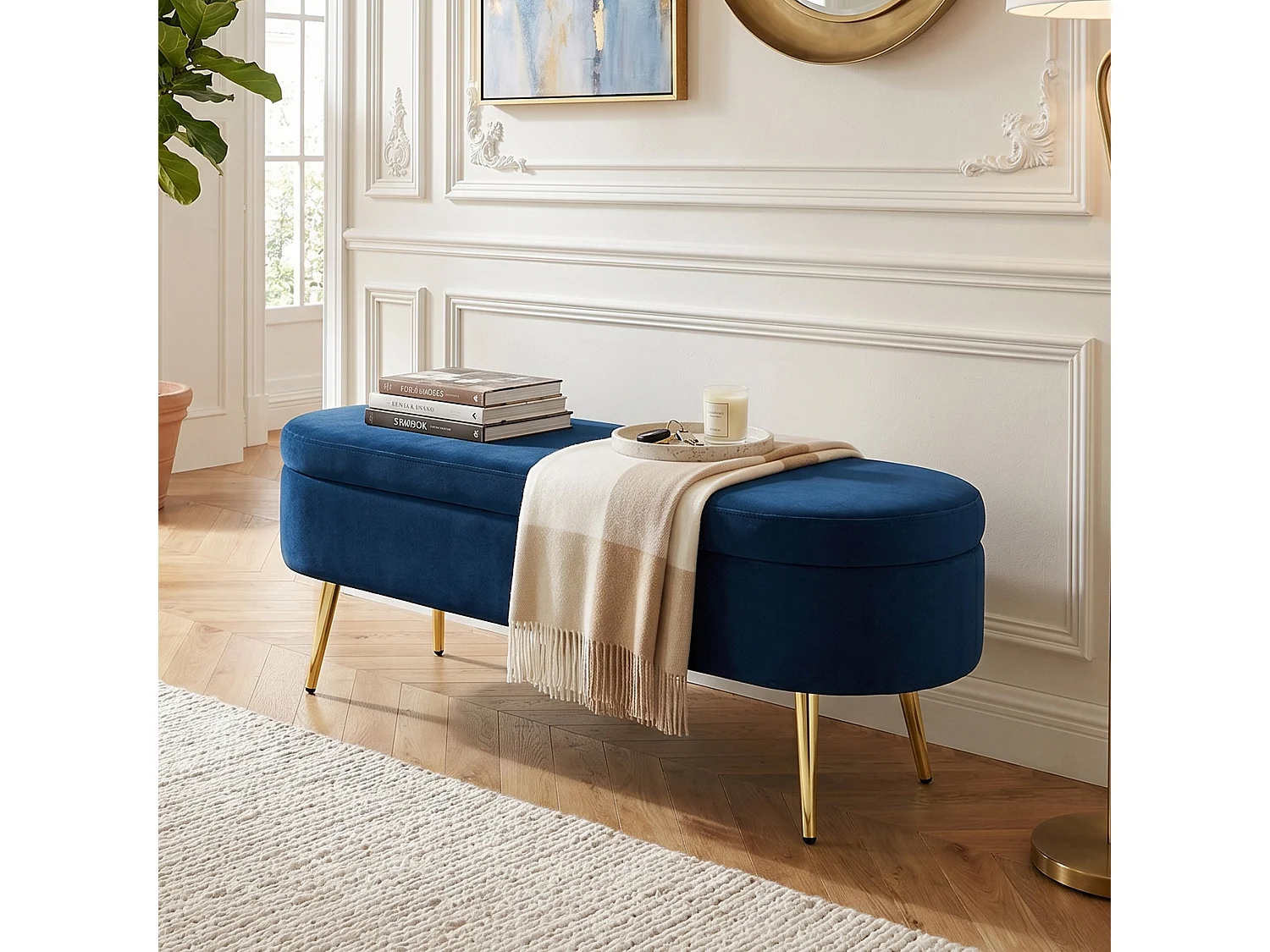 Banquette coffre en velours bleu avec pieds dorés 20L 110x41x47 cm