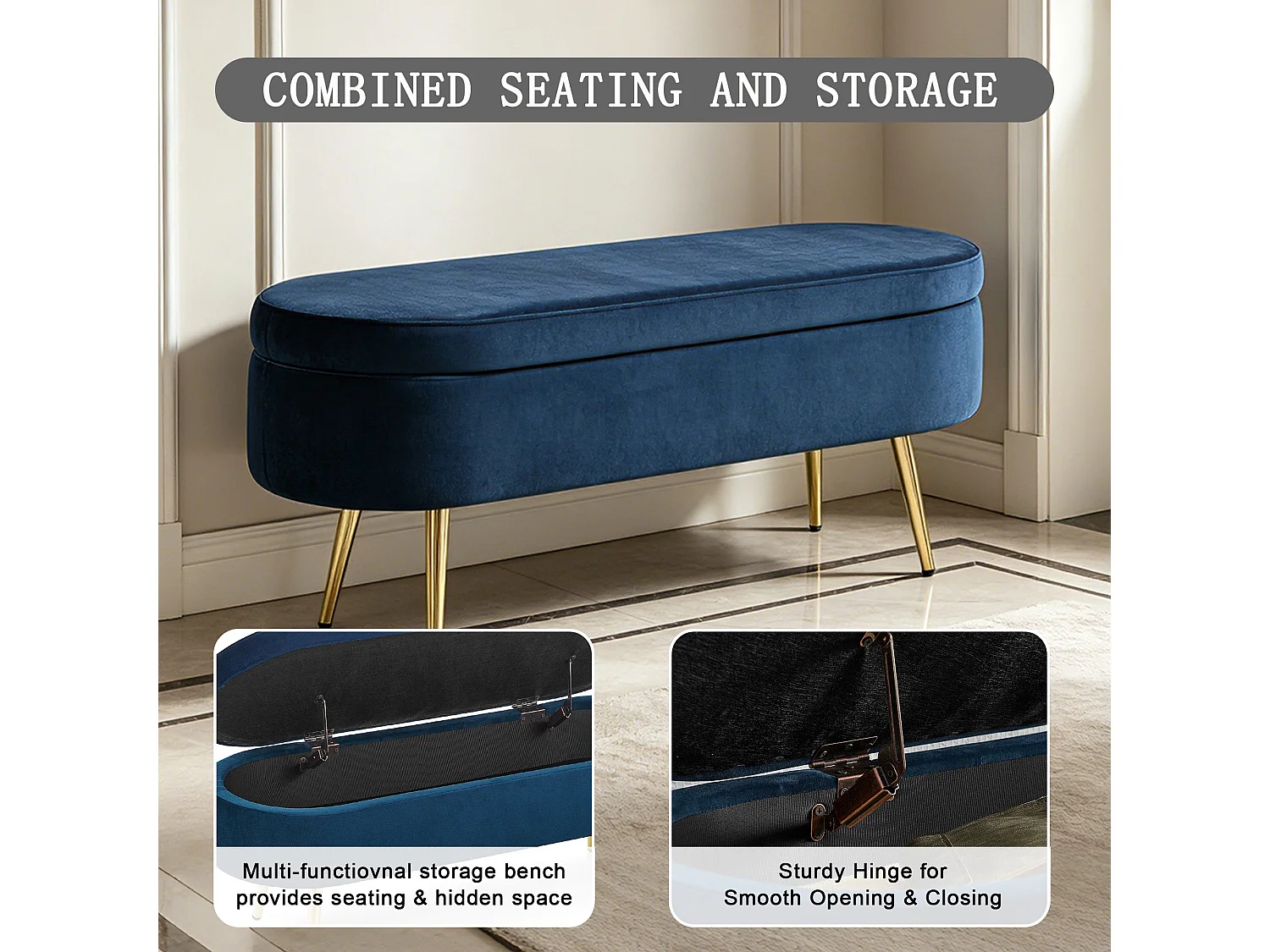 Banquette coffre en velours bleu avec pieds dorés 20L 110x41x47 cm