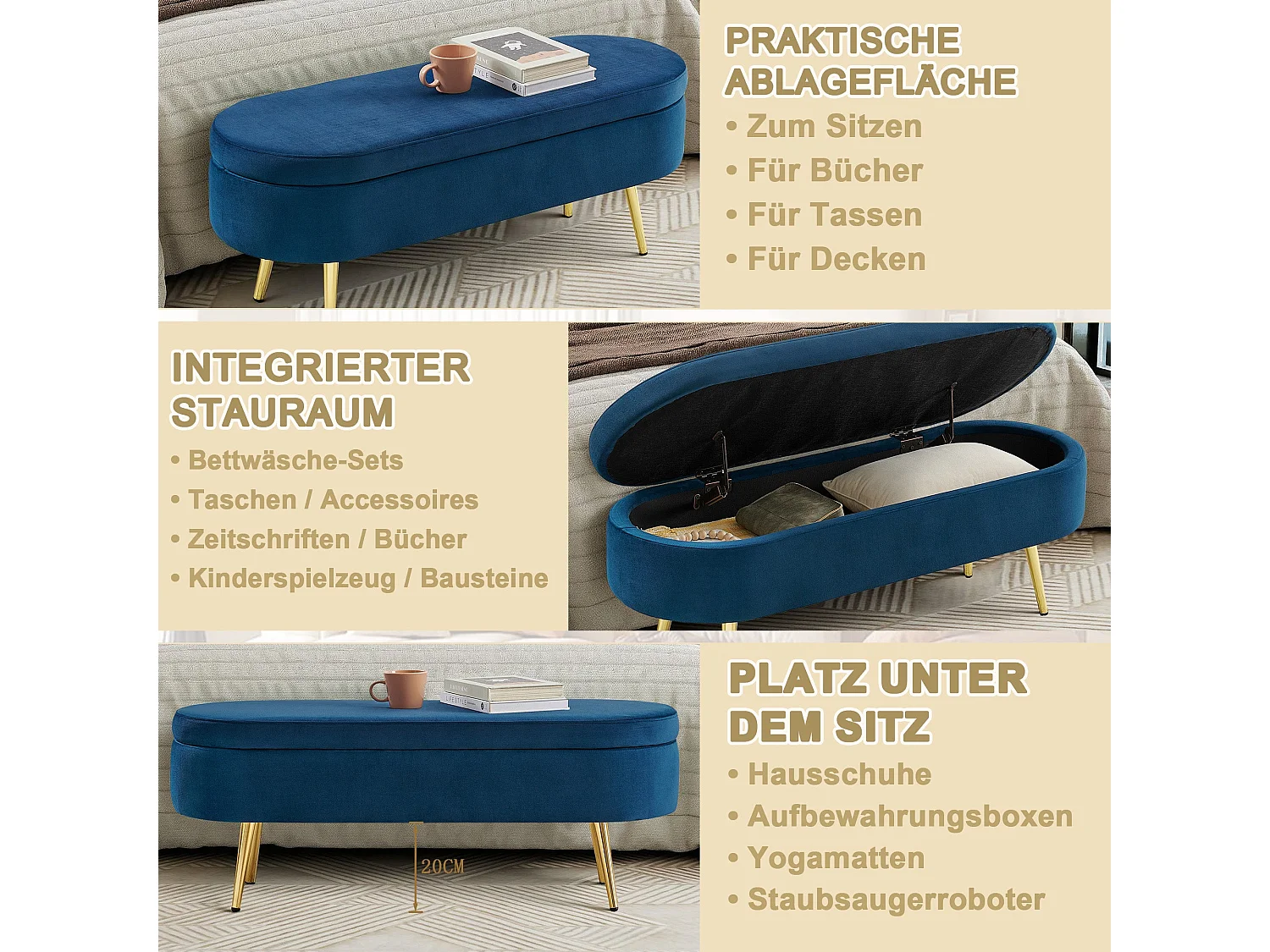 Banquette coffre en velours bleu avec pieds dorés 20L 110x41x47 cm