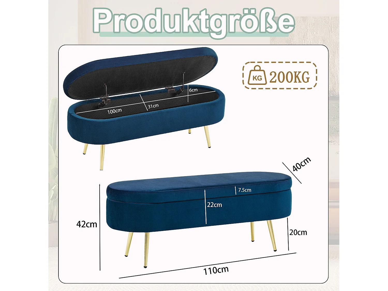 Banquette coffre en velours bleu avec pieds dorés 20L 110x41x47 cm