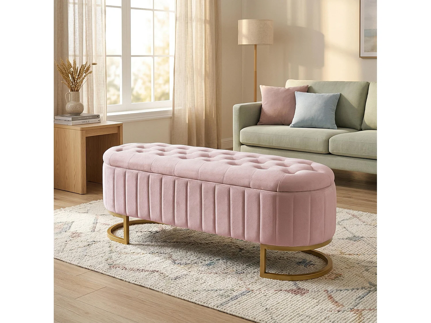 Banquette capitonné en velours rose avec pieds dorés