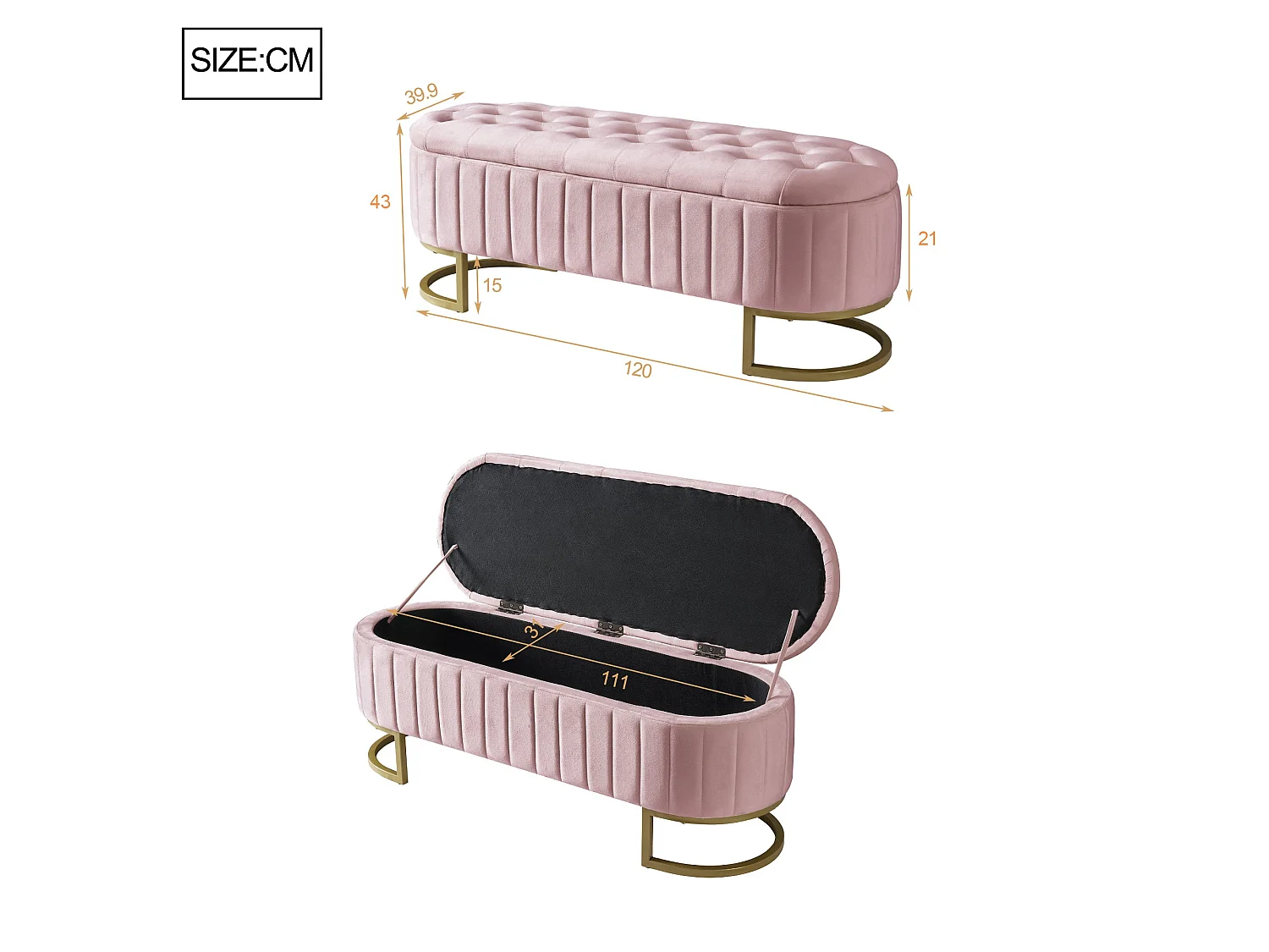 Banquette capitonné en velours rose avec pieds dorés