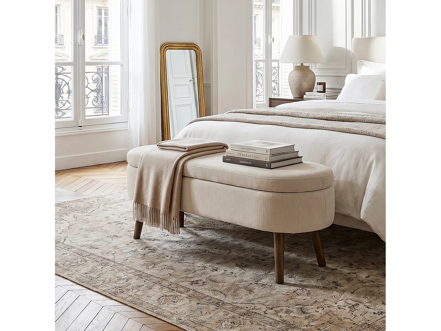 Banquette coffre en chenille beige, pieds en bois massif