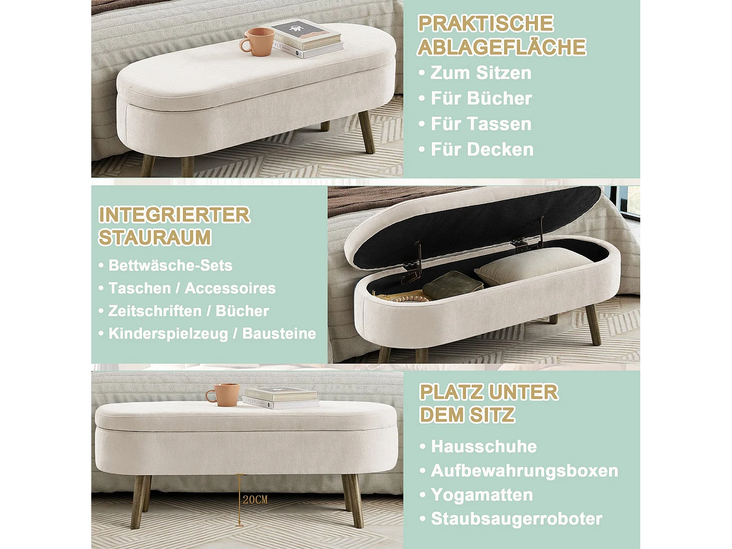 Banquette coffre en chenille beige, pieds en bois massif