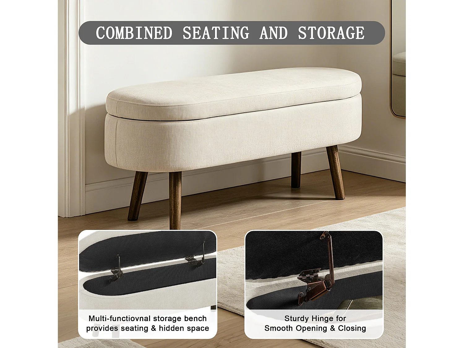 Banquette coffre en chenille beige, pieds en bois massif