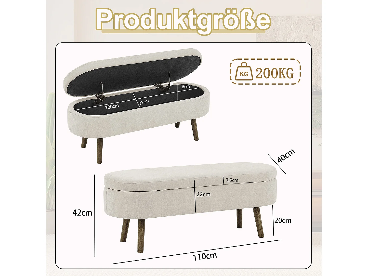 Banquette coffre en chenille beige, pieds en bois massif