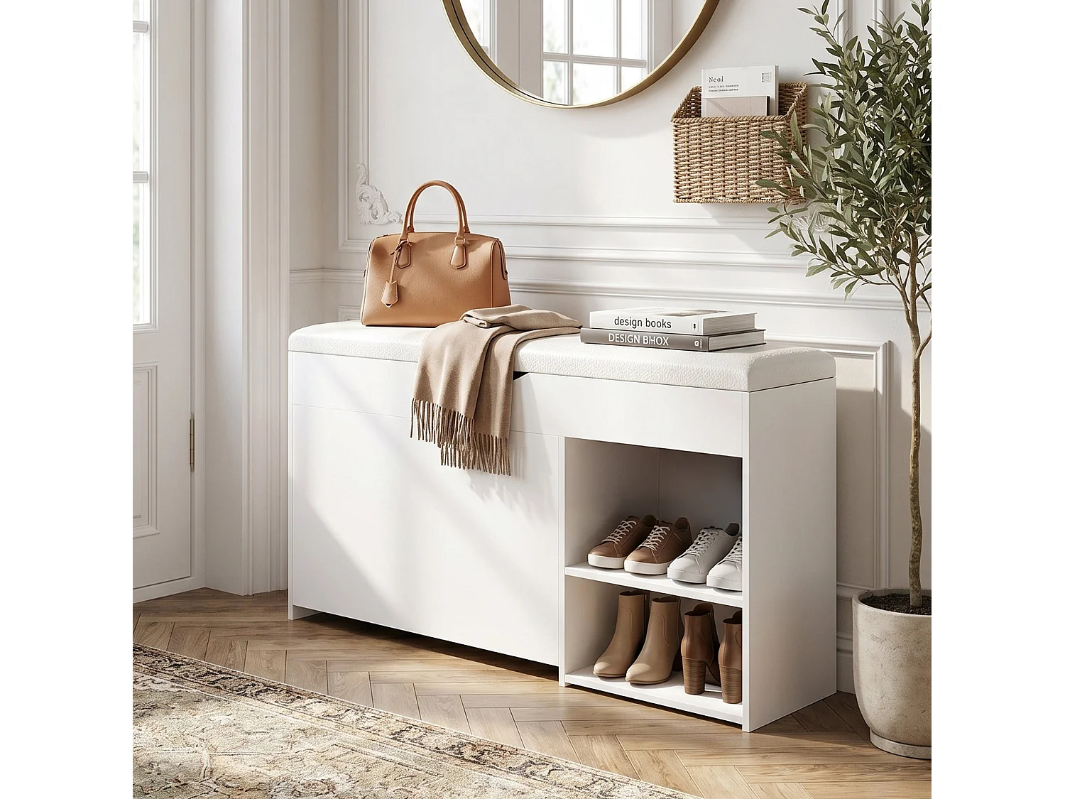 Banc à chaussures blanc PU avec coffre de rangement et coussin