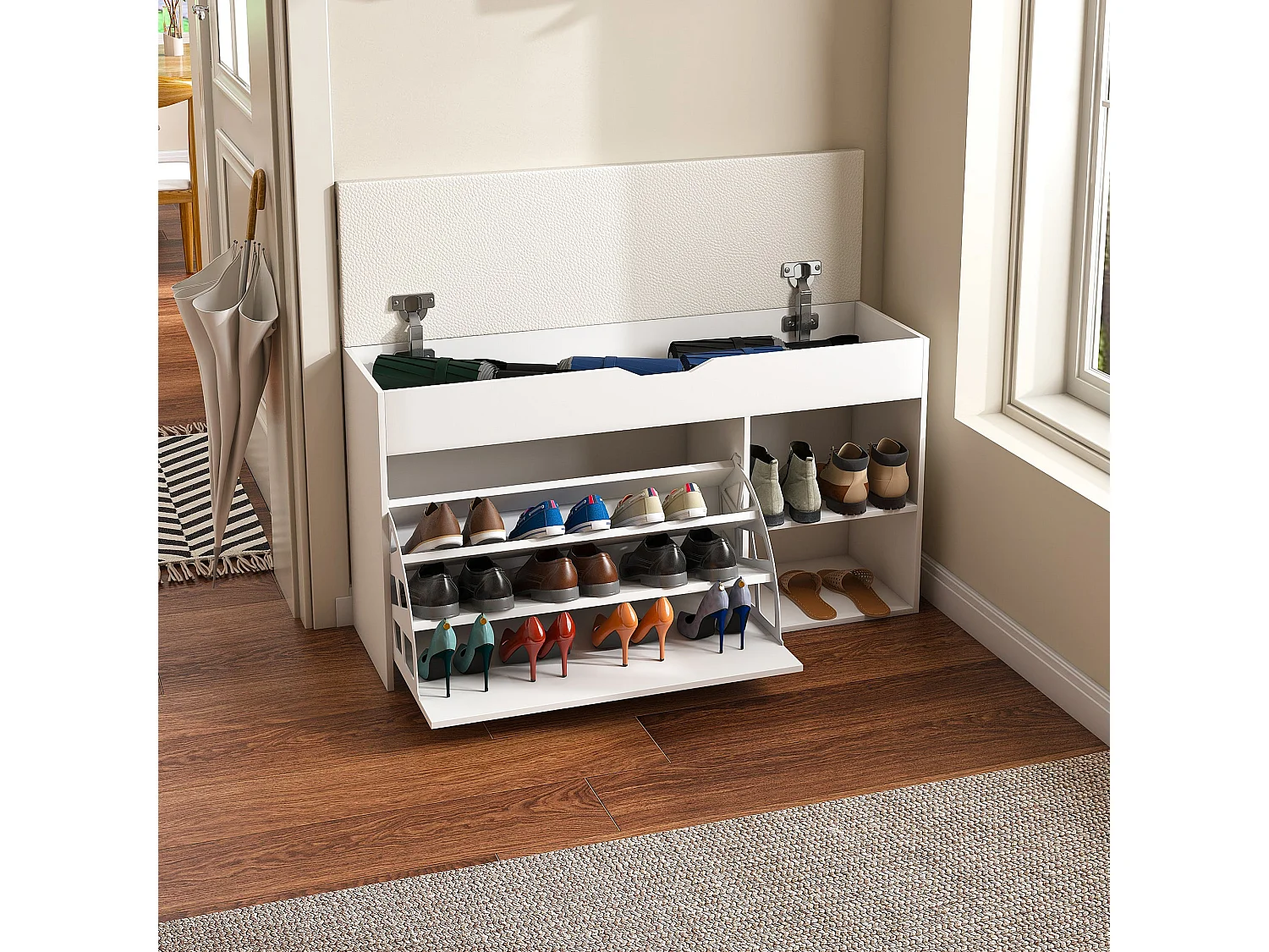 Banc à chaussures blanc PU avec coffre de rangement et coussin