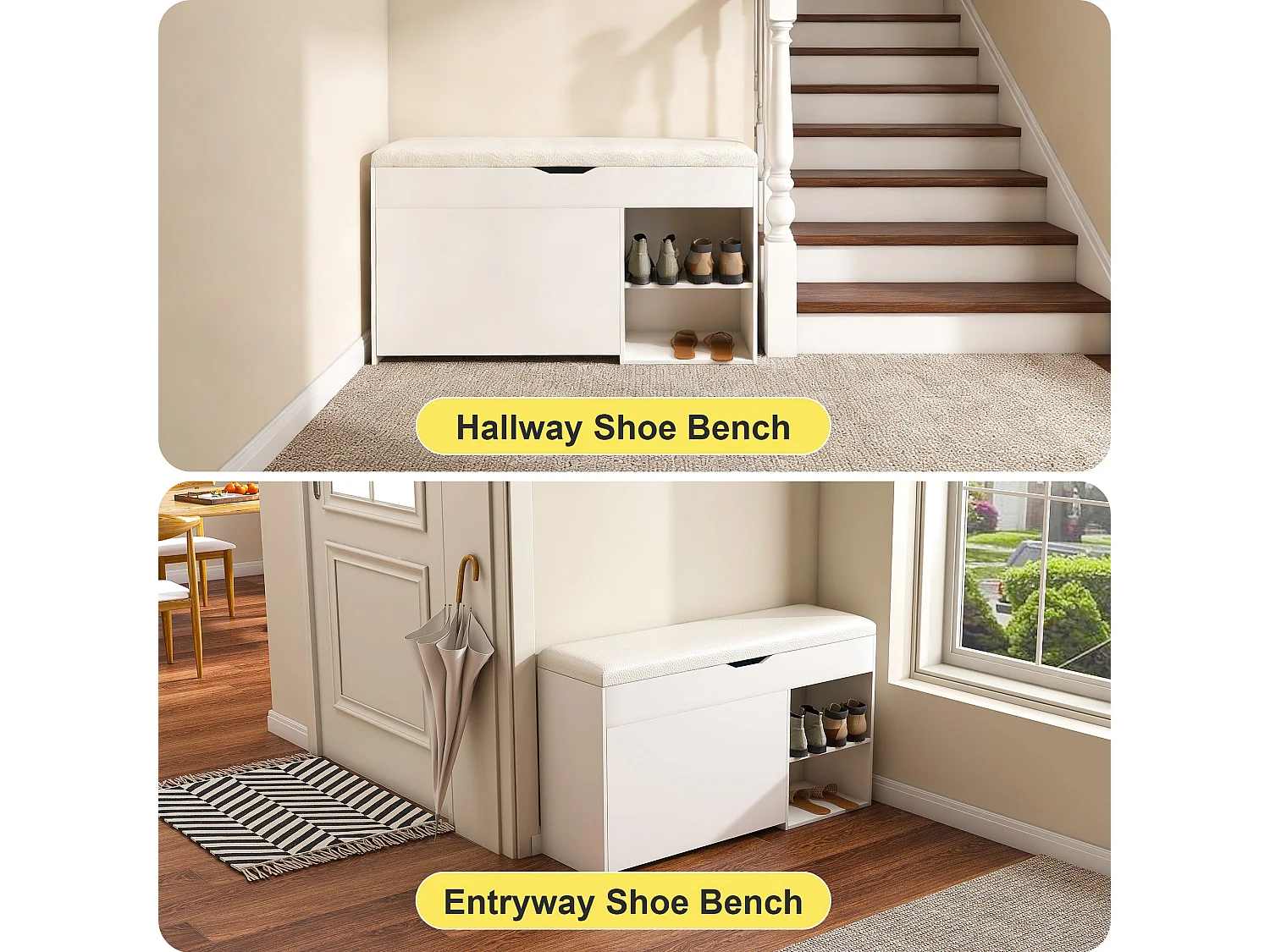 Banc à chaussures blanc PU avec coffre de rangement et coussin