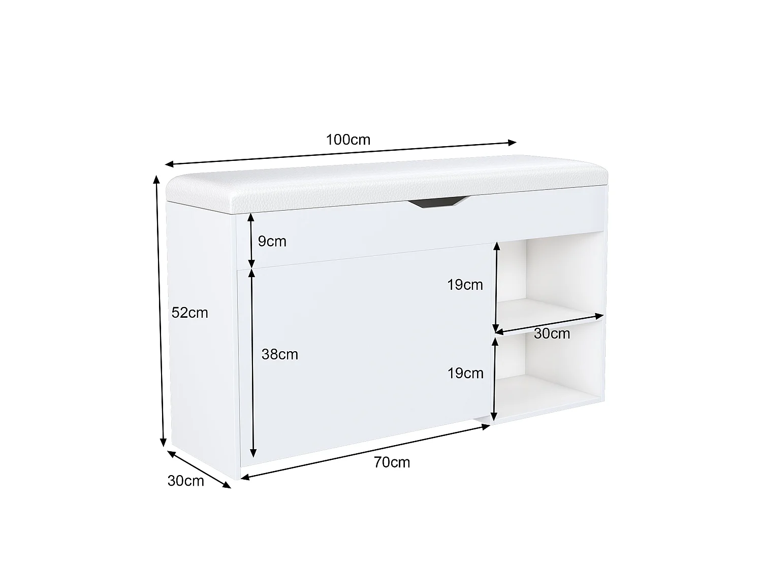 Banc à chaussures blanc PU avec coffre de rangement et coussin