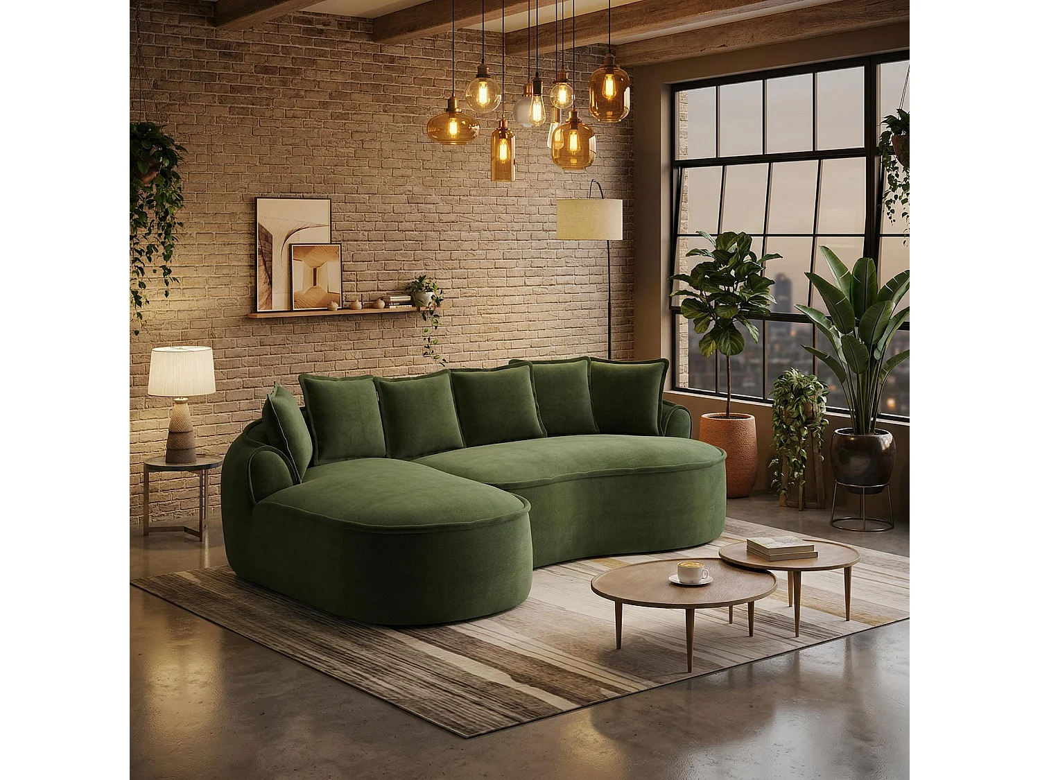 Canapé d'angle 3 places en tissu chenille vert