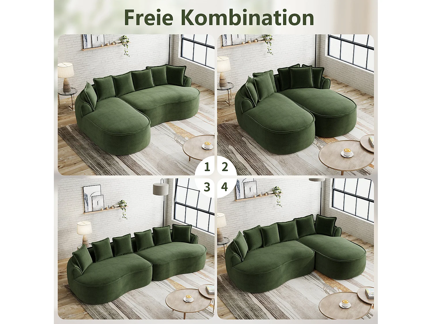 Canapé d'angle 3 places en tissu chenille vert