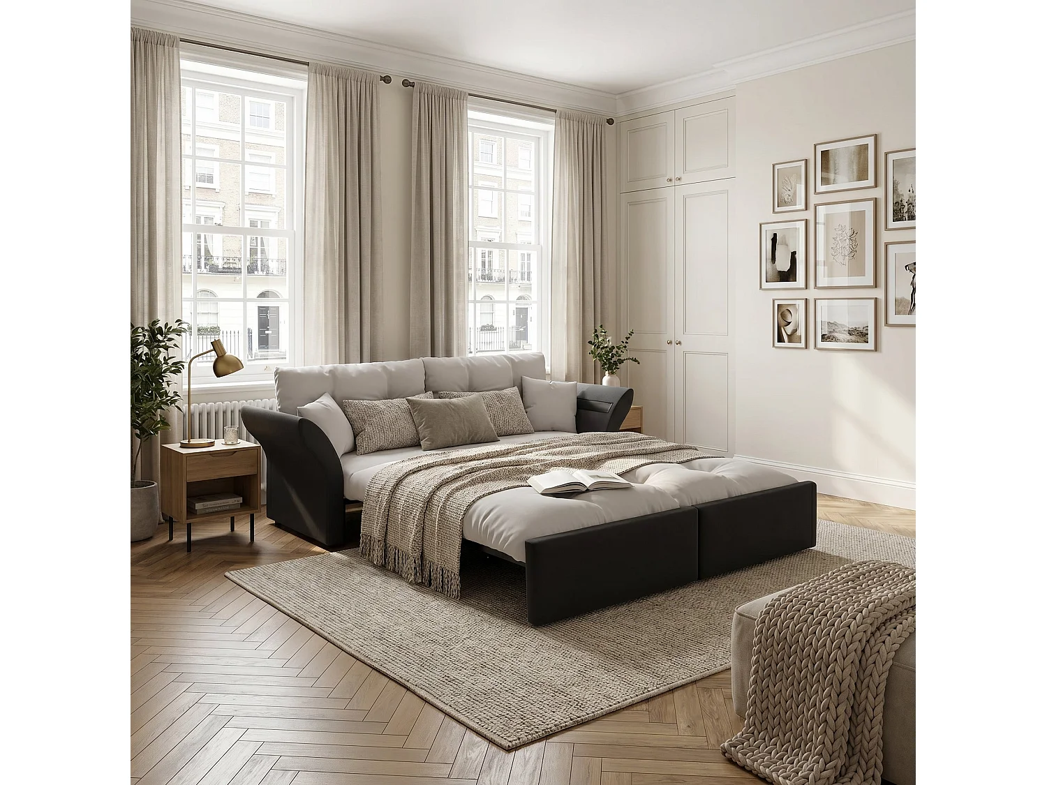 Canapé-lit 3 places covertible velours gris clair avec coussins