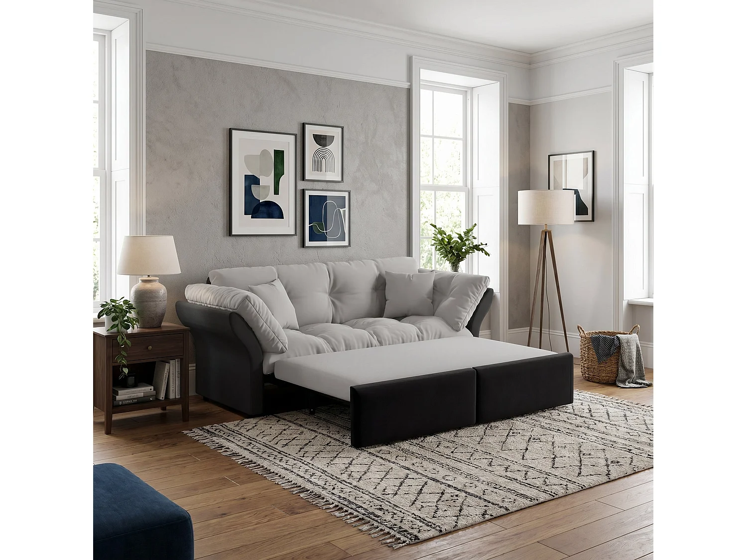 Canapé-lit 3 places covertible velours gris clair avec coussins