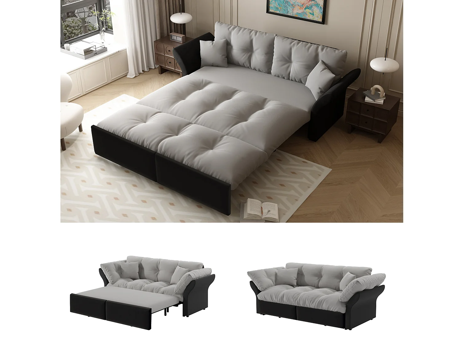 Canapé-lit 3 places covertible velours gris clair avec coussins