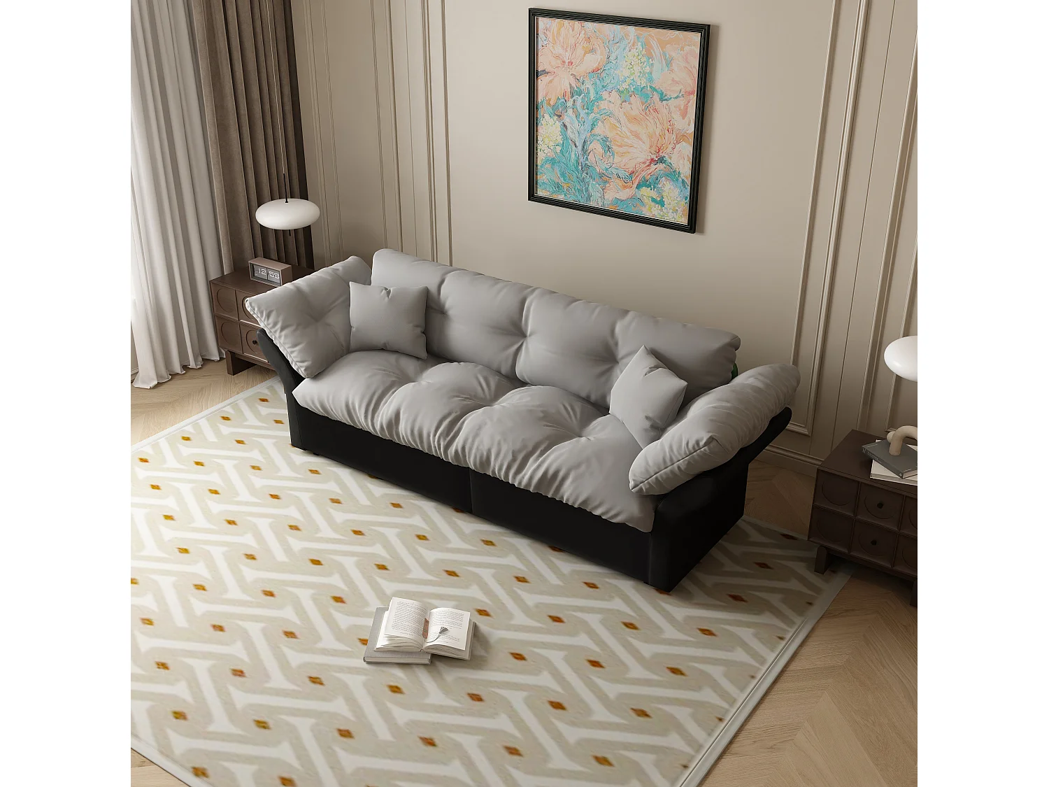 Canapé-lit 3 places covertible velours gris clair avec coussins