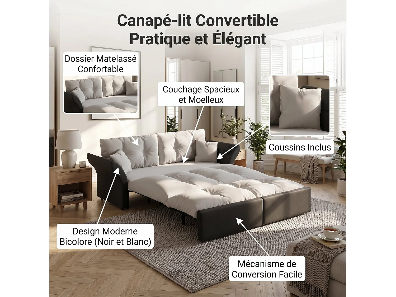 Canapé-lit 3 places covertible velours gris clair avec coussins