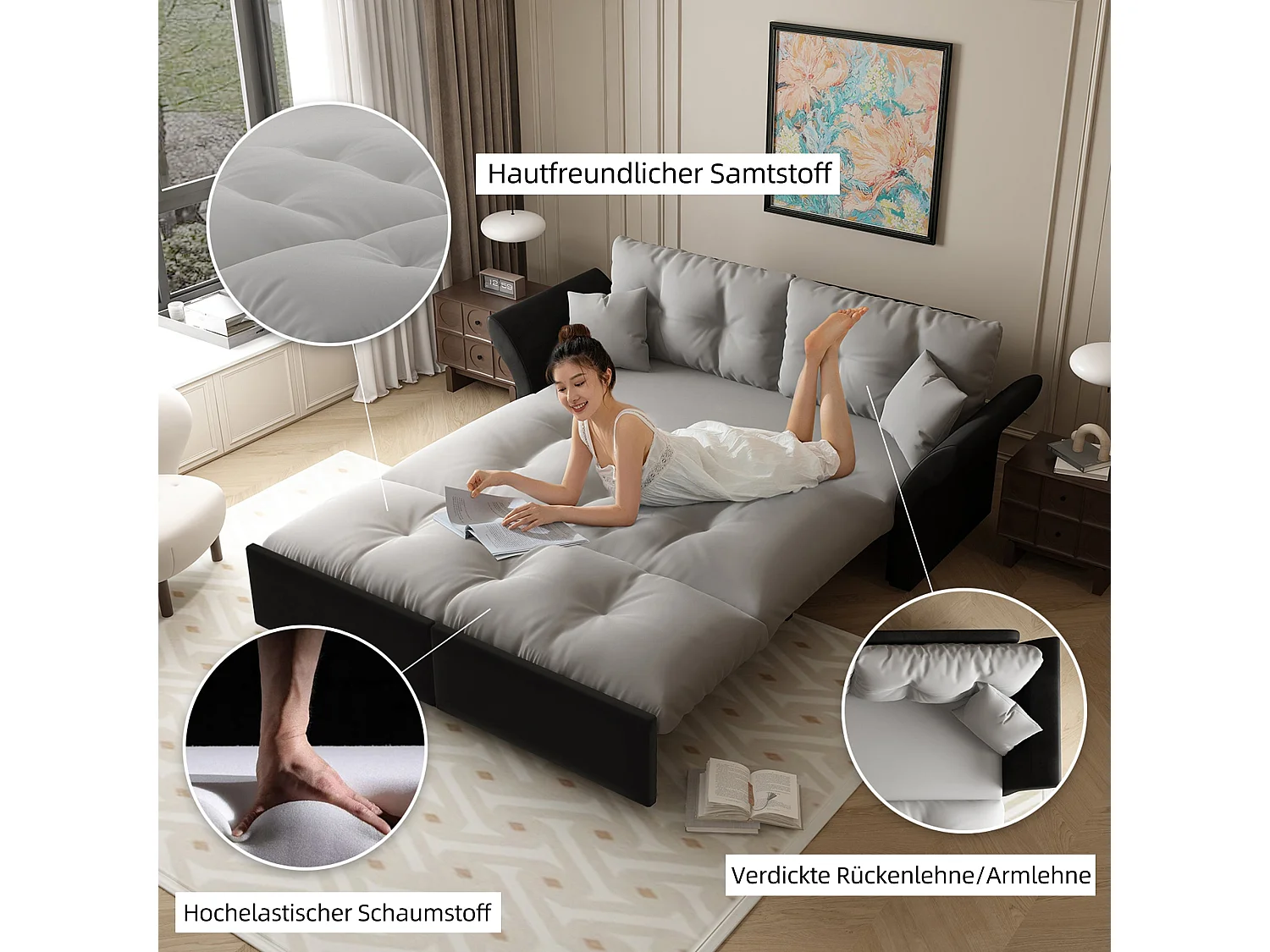 Canapé-lit 3 places covertible velours gris clair avec coussins