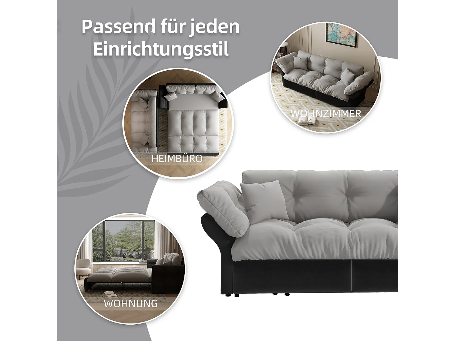 Canapé-lit 3 places covertible velours gris clair avec coussins