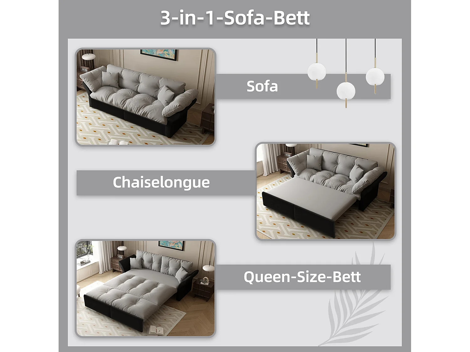 Canapé-lit 3 places covertible velours gris clair avec coussins
