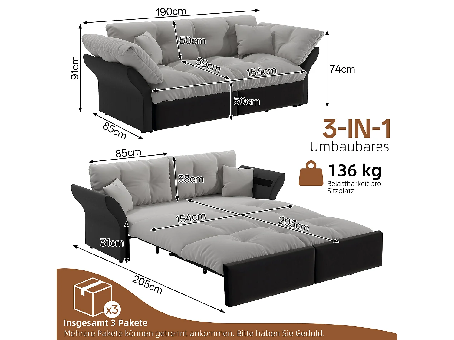 Canapé-lit 3 places covertible velours gris clair avec coussins