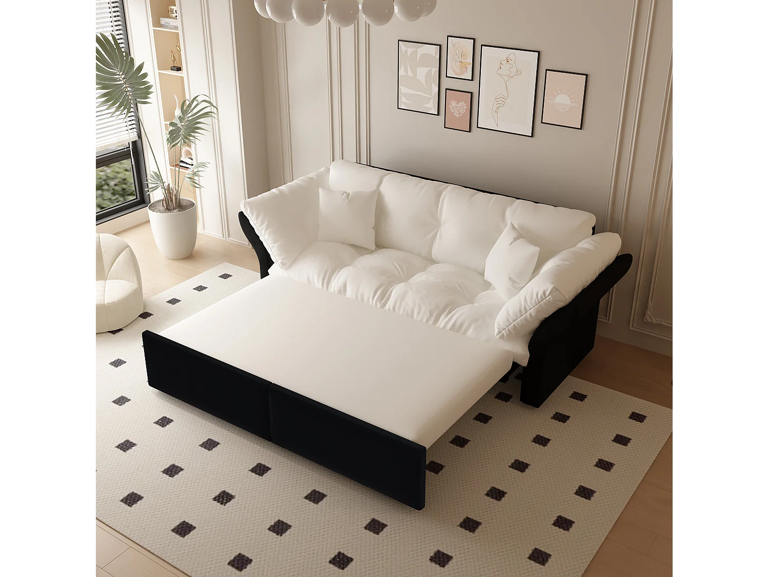 Canapé-lit 3 places covertible velours beige/blanc avec coussins