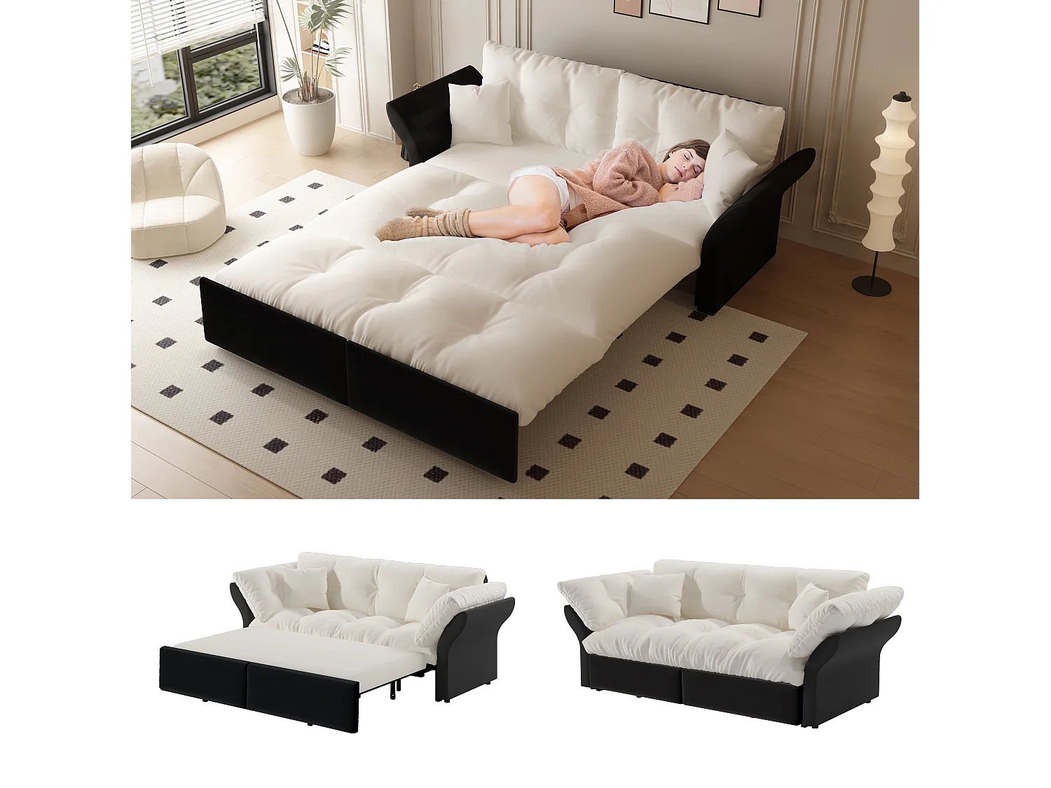 Canapé-lit 3 places covertible velours beige/blanc avec coussins