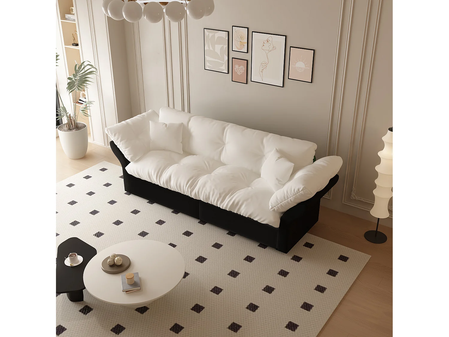 Canapé-lit 3 places covertible velours beige/blanc avec coussins
