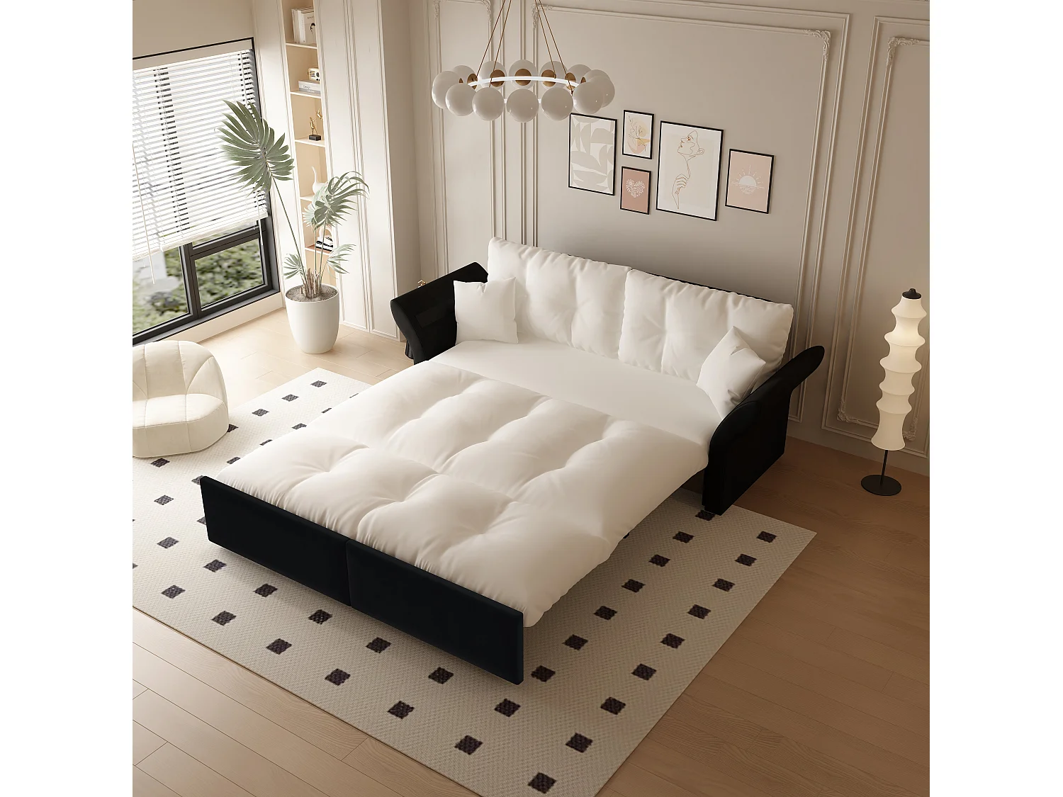 Canapé-lit 3 places covertible velours beige/blanc avec coussins