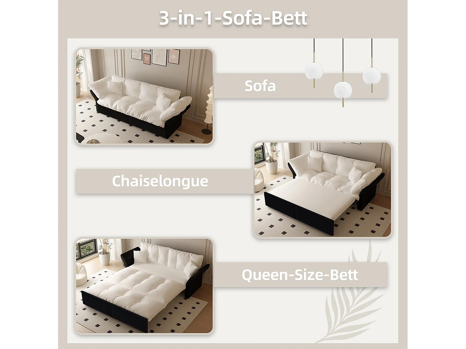Canapé-lit 3 places covertible velours beige/blanc avec coussins