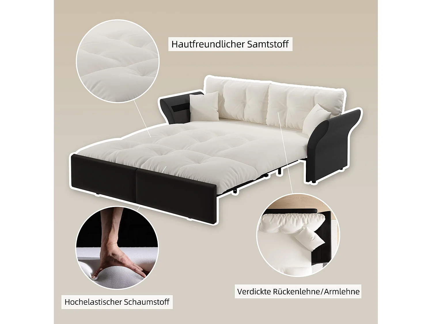Canapé-lit 3 places covertible velours beige/blanc avec coussins