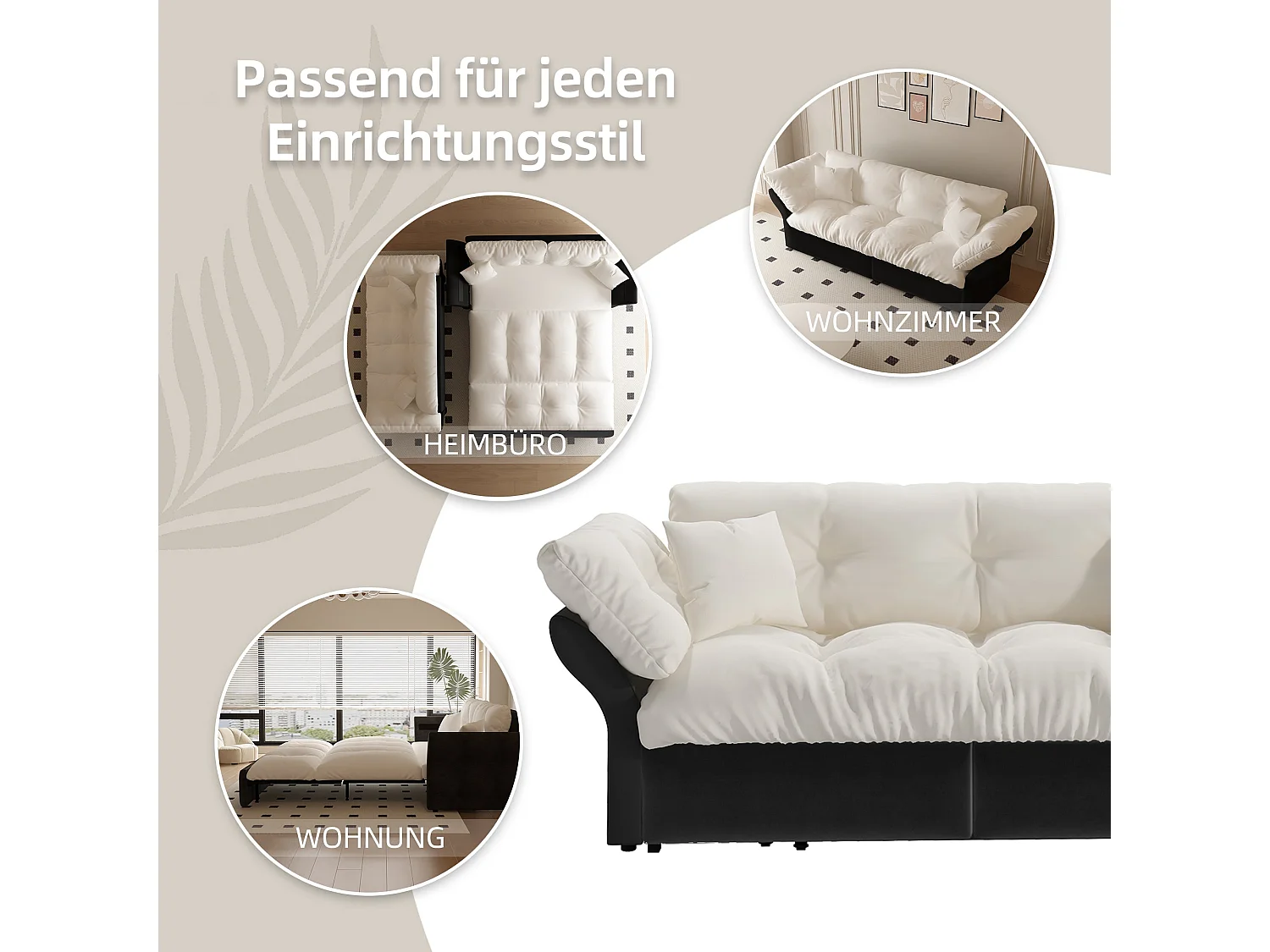 Canapé-lit 3 places covertible velours beige/blanc avec coussins