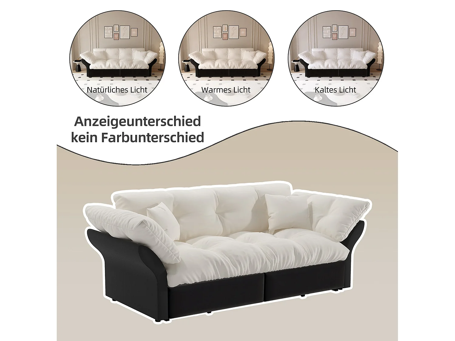 Canapé-lit 3 places covertible velours beige/blanc avec coussins