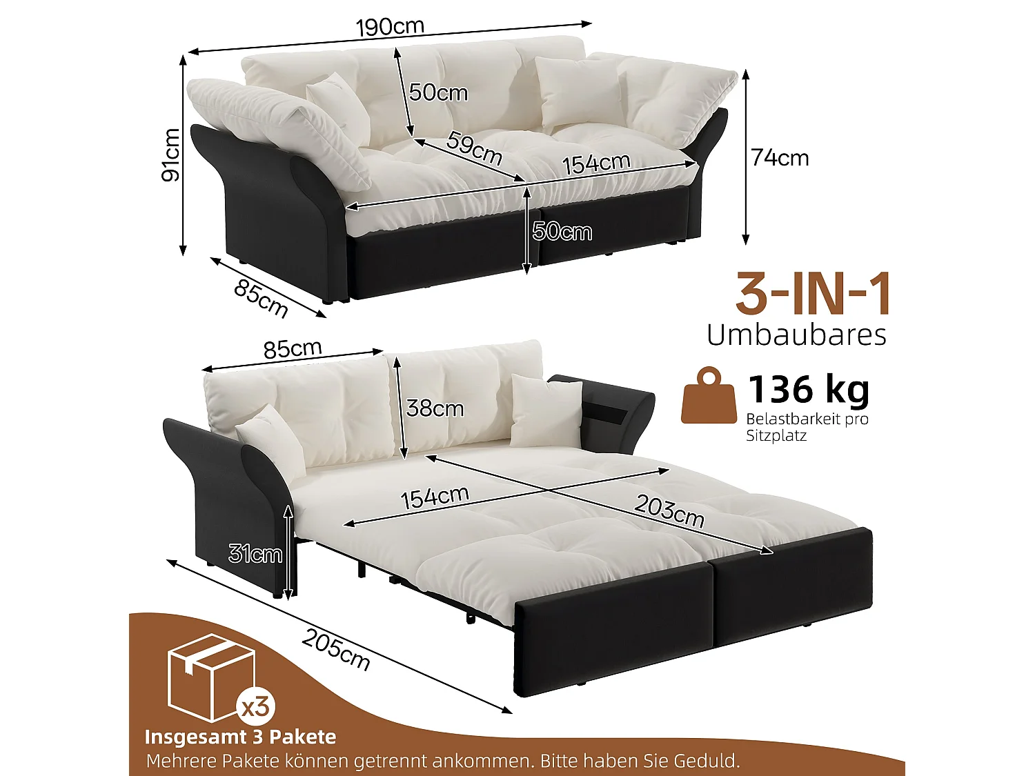 Canapé-lit 3 places covertible velours beige/blanc avec coussins