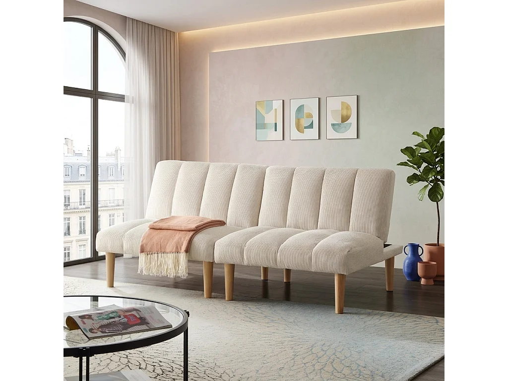 Canapé-lit 2 places 167cm beige en velours côtelé – Sofa convertible