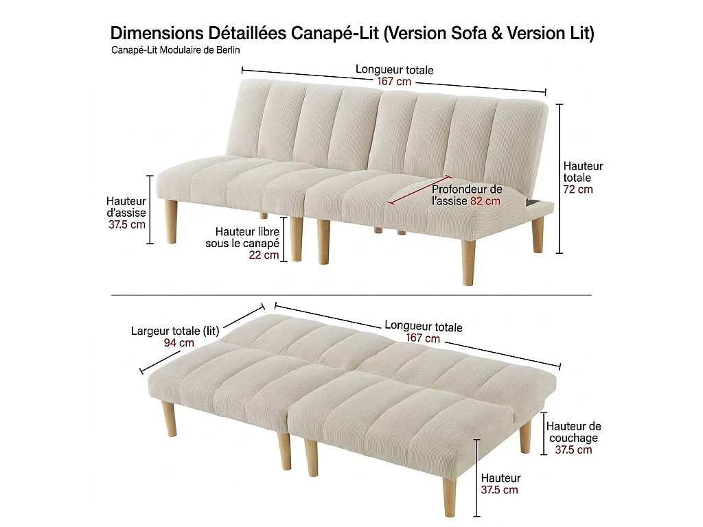 Canapé-lit 2 places 167cm beige en velours côtelé – Sofa convertible