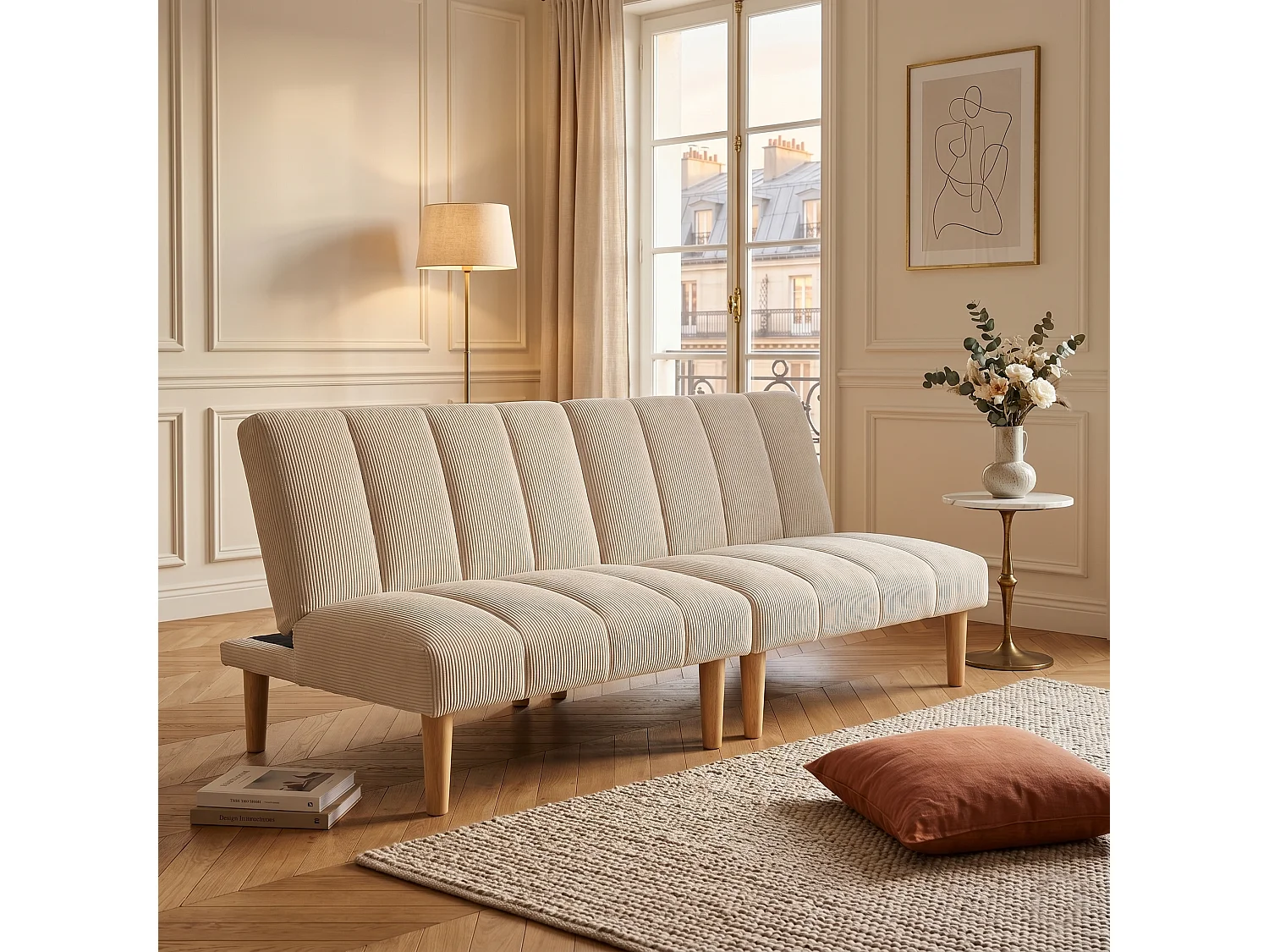 Canapé-lit 2 places 167cm beige en velours côtelé – Sofa convertible
