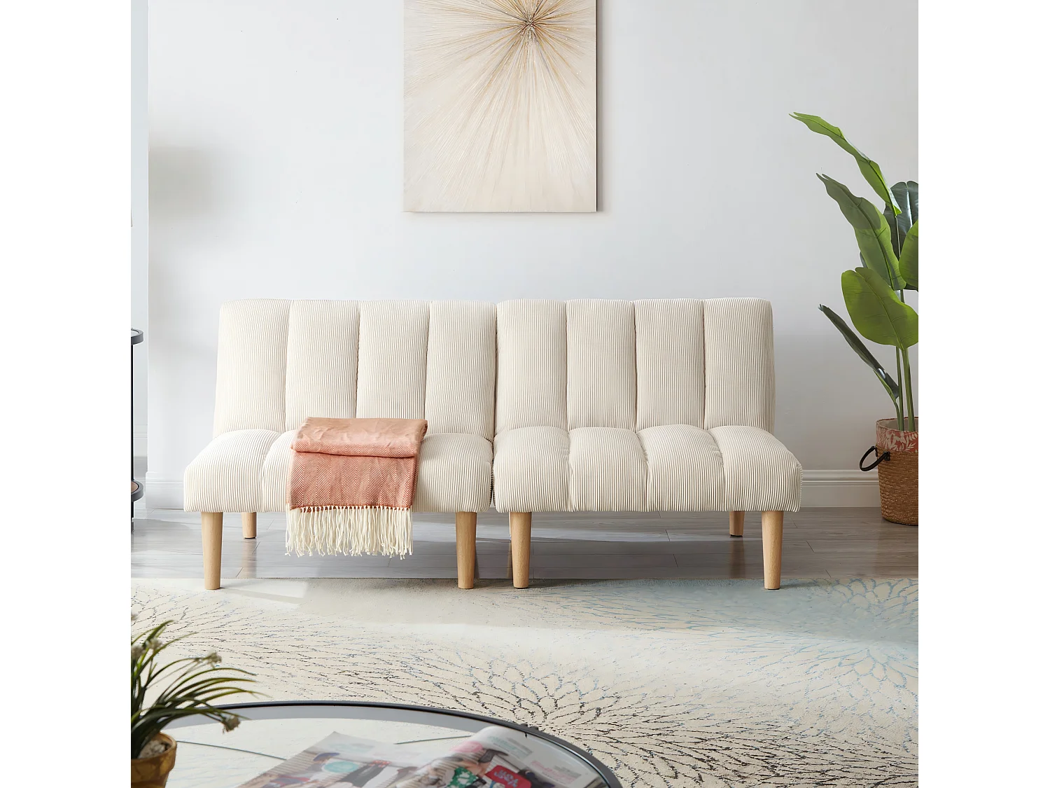 Canapé-lit 2 places 167cm beige en velours côtelé – Sofa convertible