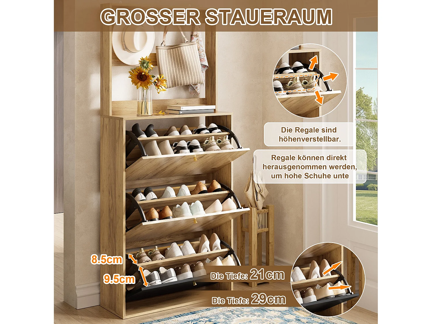 Meuble à chaussures grand, effet bois naturel & noir
