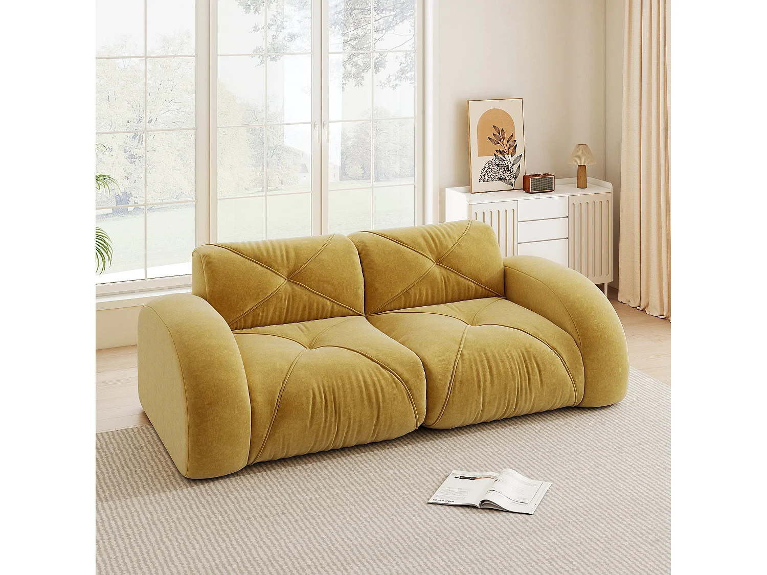 Canapé 2 places tissu chenille jaune moutard design articulé sans montage