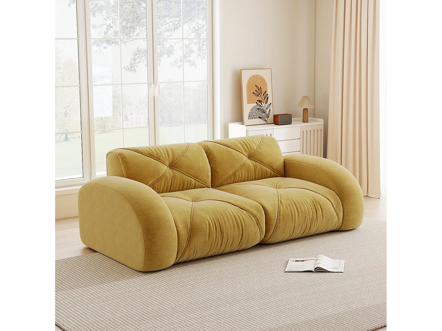 Canapé 2 places tissu chenille jaune moutard design articulé sans montage