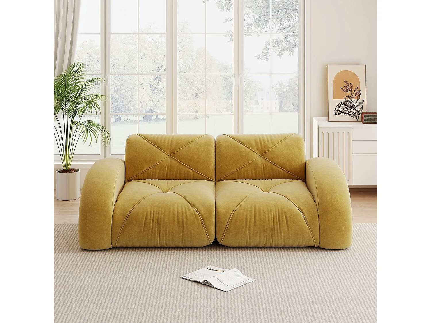 Canapé 2 places tissu chenille jaune moutard design articulé sans montage