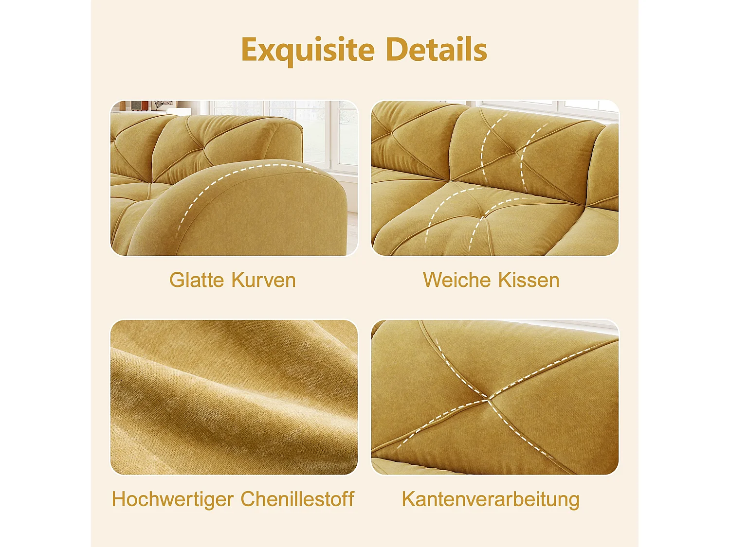 Canapé 2 places tissu chenille jaune moutard design articulé sans montage