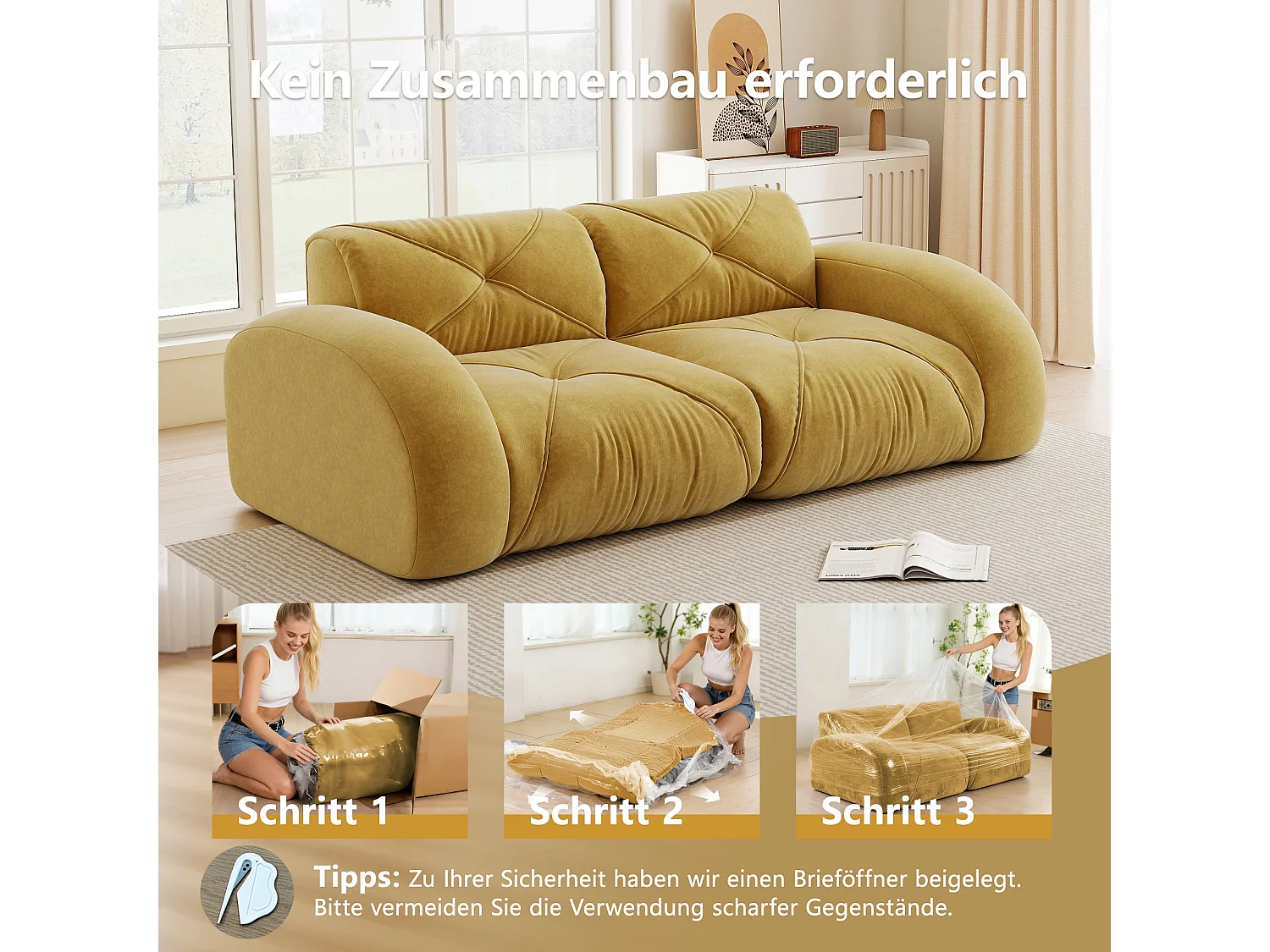 Canapé 2 places tissu chenille jaune moutard design articulé sans montage