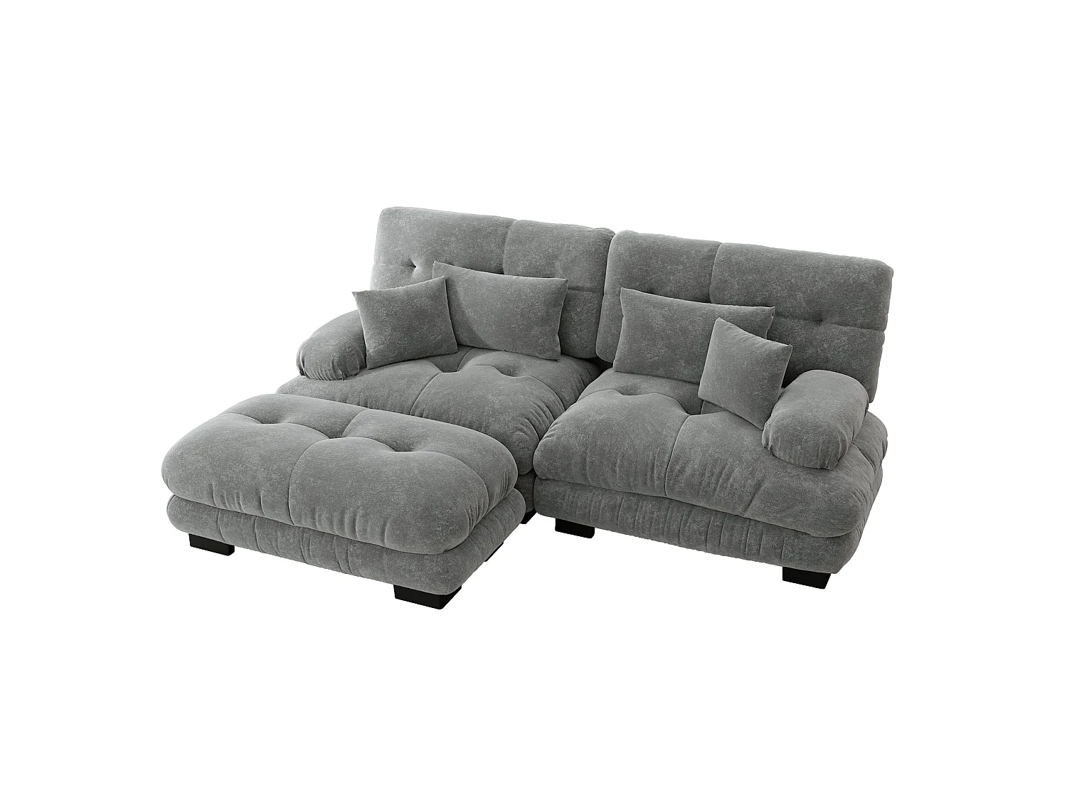 Canapé d'angle modulable en chenille gris avec ottoman et coussins