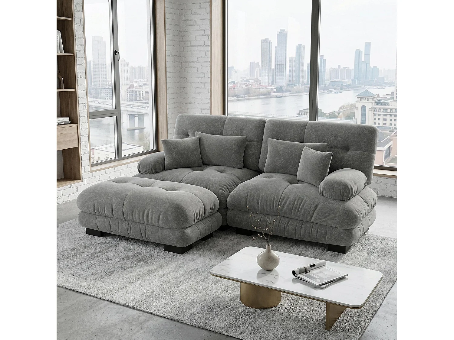 Canapé d'angle modulable en chenille gris avec ottoman et coussins