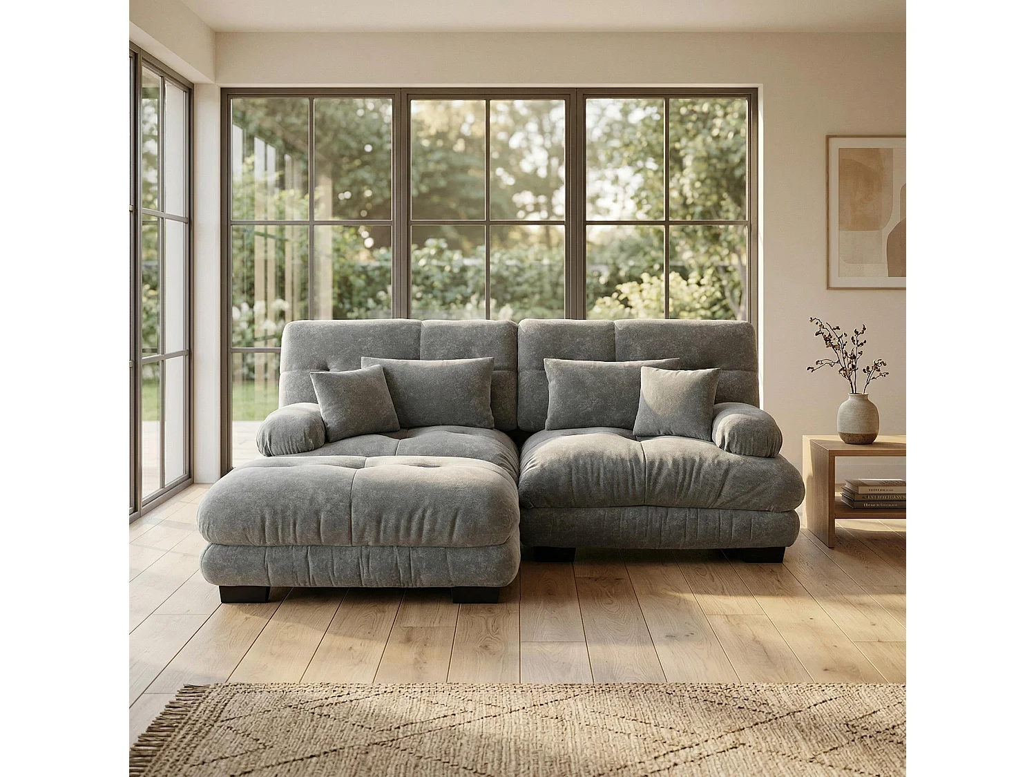 Canapé d'angle modulable en chenille gris avec ottoman et coussins